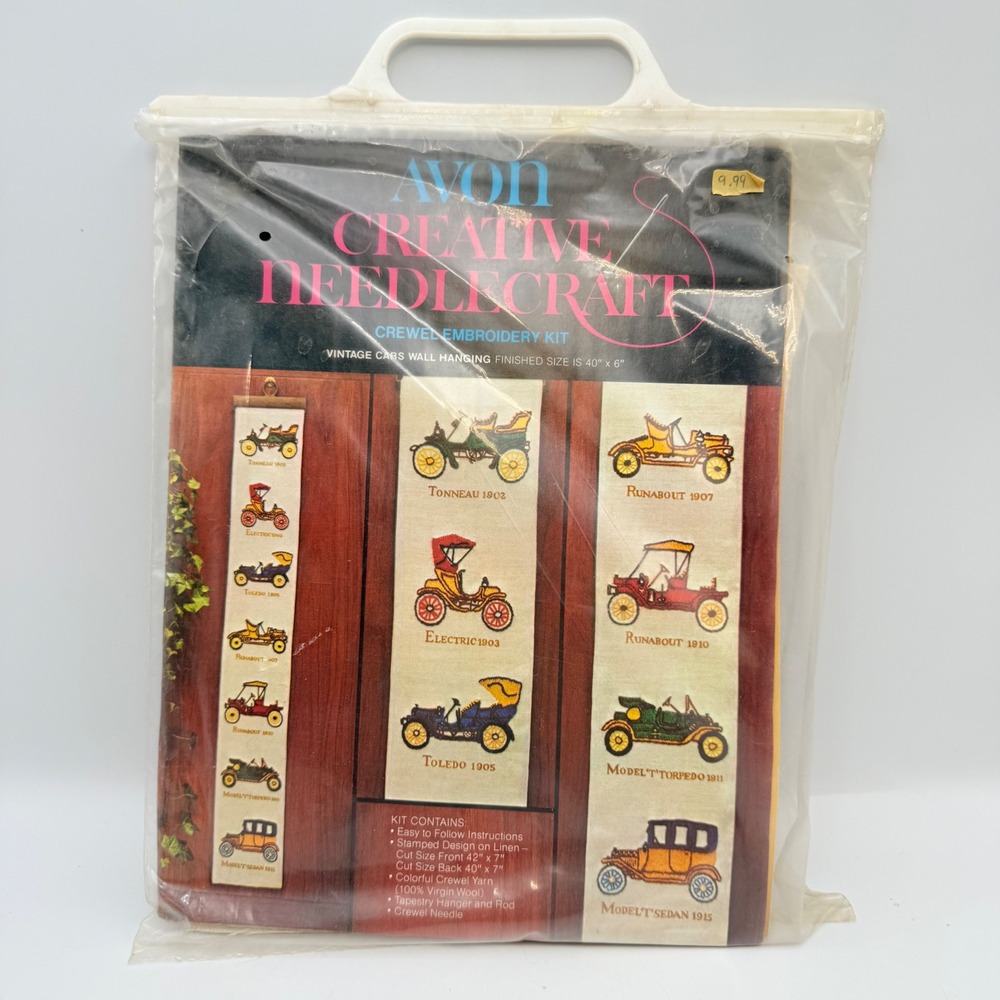 Avon Creative Needlecraft Crewel Embroidery Kit Vintage Cars Wall Hanging 40x6